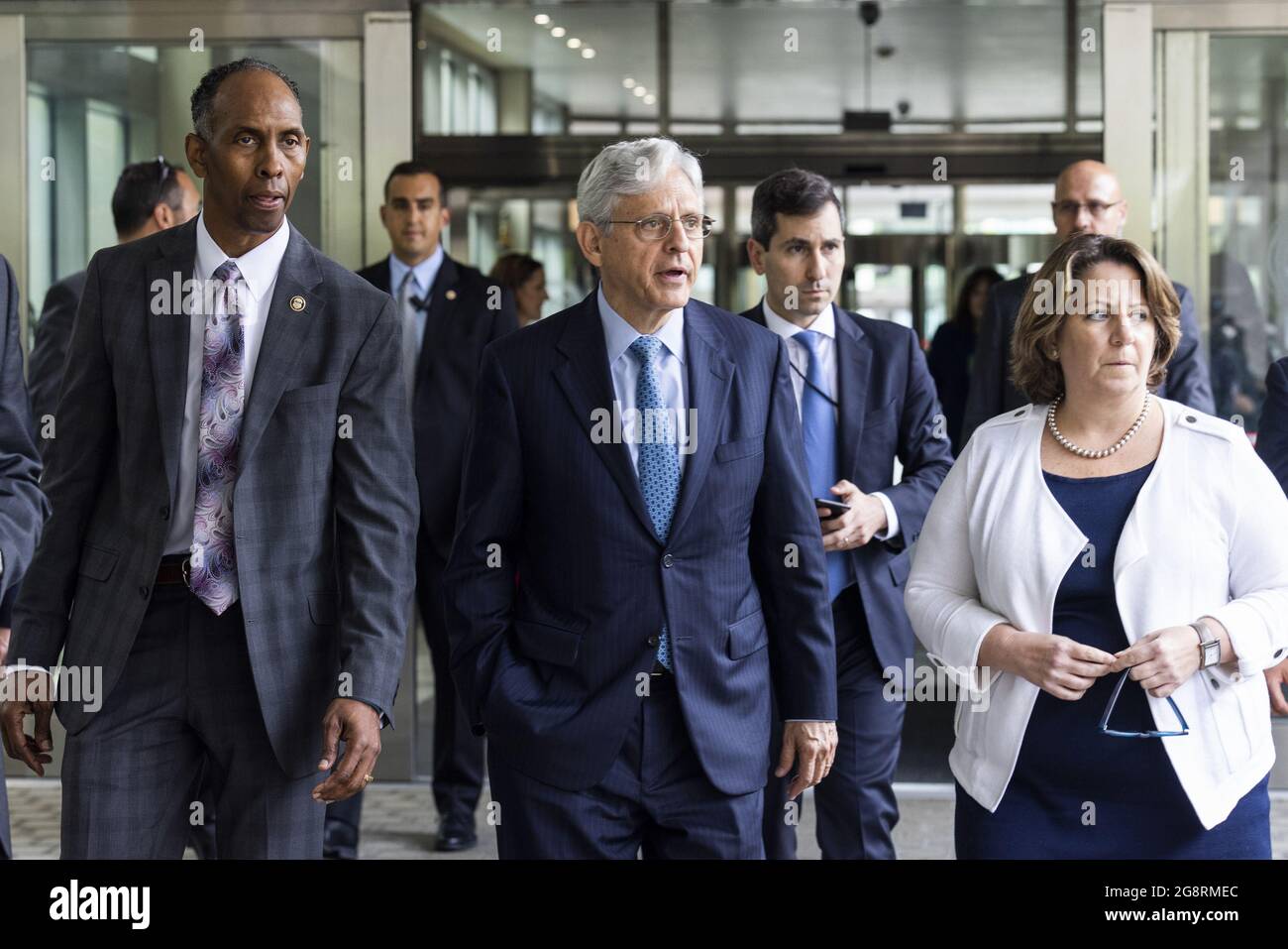 US Attorney General Merrick Garland (C), along with Deputy Attorney General Lisa Monaco (R), and Acting Alcohol, Tobacco and Firearms (ATF) Director Marvin G. Richardson (L), departs after announcing the launch of the Justice Department's 'five cross-jurisdictional trafficking strike forces' at the ATF in Washington, DC, USA, 22 July, 2021. The strike forces will seek to reduce firearms trafficking corridors, with a focus on New York, Chicago, Los Angeles, the San Francisco Bay and Sacramento Region, and Washington, DC. Pool Photo by Jim Lo Scalzo/UPI Stock Photo