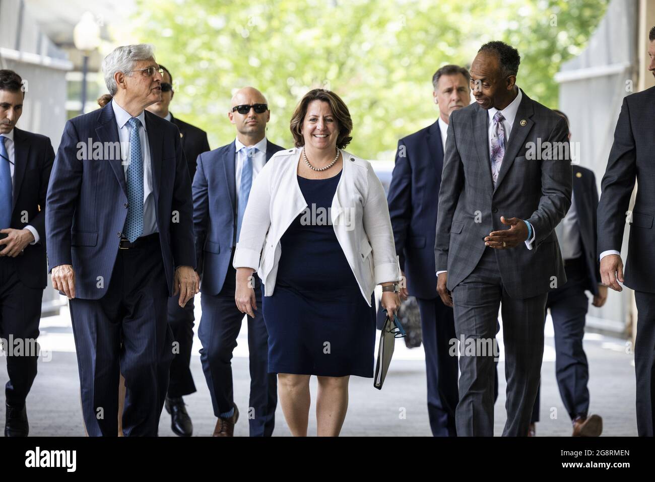 US Attorney General Merrick Garland (L), along with Deputy Attorney General Lisa Monaco (C), and Acting Alcohol, Tobacco and Firearms (ATF) Director Marvin G. Richardson (R), arrives to announce the launch of the Justice Department's 'five cross-jurisdictional trafficking strike forces' at the ATF in Washington, DC, USA, 22 July, 2021. The strike forces will seek to reduce firearms trafficking corridors, with a focus on New York, Chicago, Los Angeles, the San Francisco Bay and Sacramento Region, and Washington, DC. Pool Photos by Jim Lo Scalzo/UPI Stock Photo