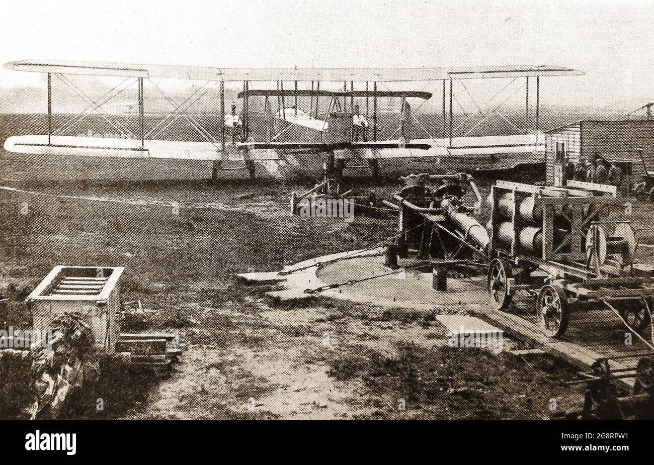An early printed photograph of an early British  steam-powered  experimental machine for catapulting aircraft into the air. Germany first used seaplane steam engines to launch their Dornier Do J mail planes on their South Atlantic Air Mail service in  1933. Modern British invented  steam catapults  to launch aircraft air was suggested by Commander Colin C. Mitchell RNVR. Soon trials took place  on HMS Perseus in 1950 . Pilots included Eric 'Winkle' Brown.. Navies introduced steam catapults for jet fighters soon after. Stock Photo