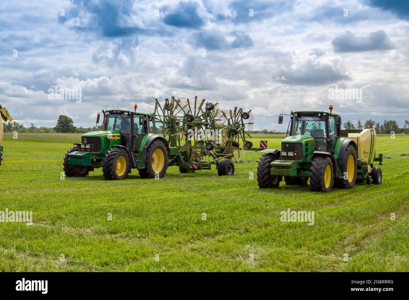 Russia, Leningrad Region June, 2019 Powerful tractors brand JOHN