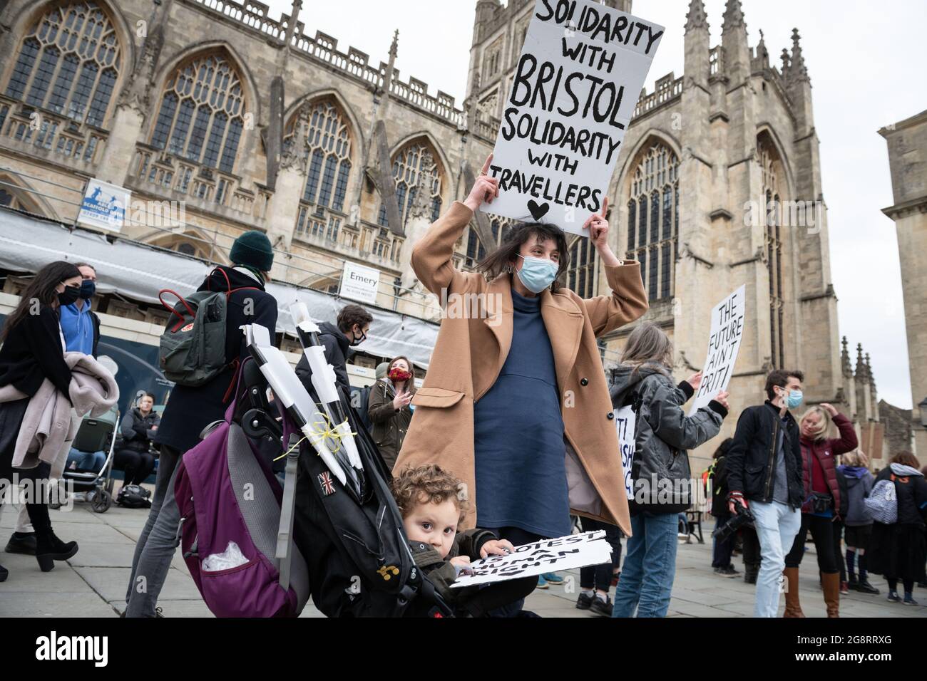 Bath, UK. 27th March 2021. Approximately 200 mostly young protesters took to the streets of historic Bath in North Somerset to demonstrate against the police & crime bill. The group of demonstrators initially gathered at Bath Abbey before marching through the streets of the city centre shouting “kill the bill” and “who's streets, our streets”. A small number of police accompanied the march which went ahead peacefully and without incident. Stock Photo