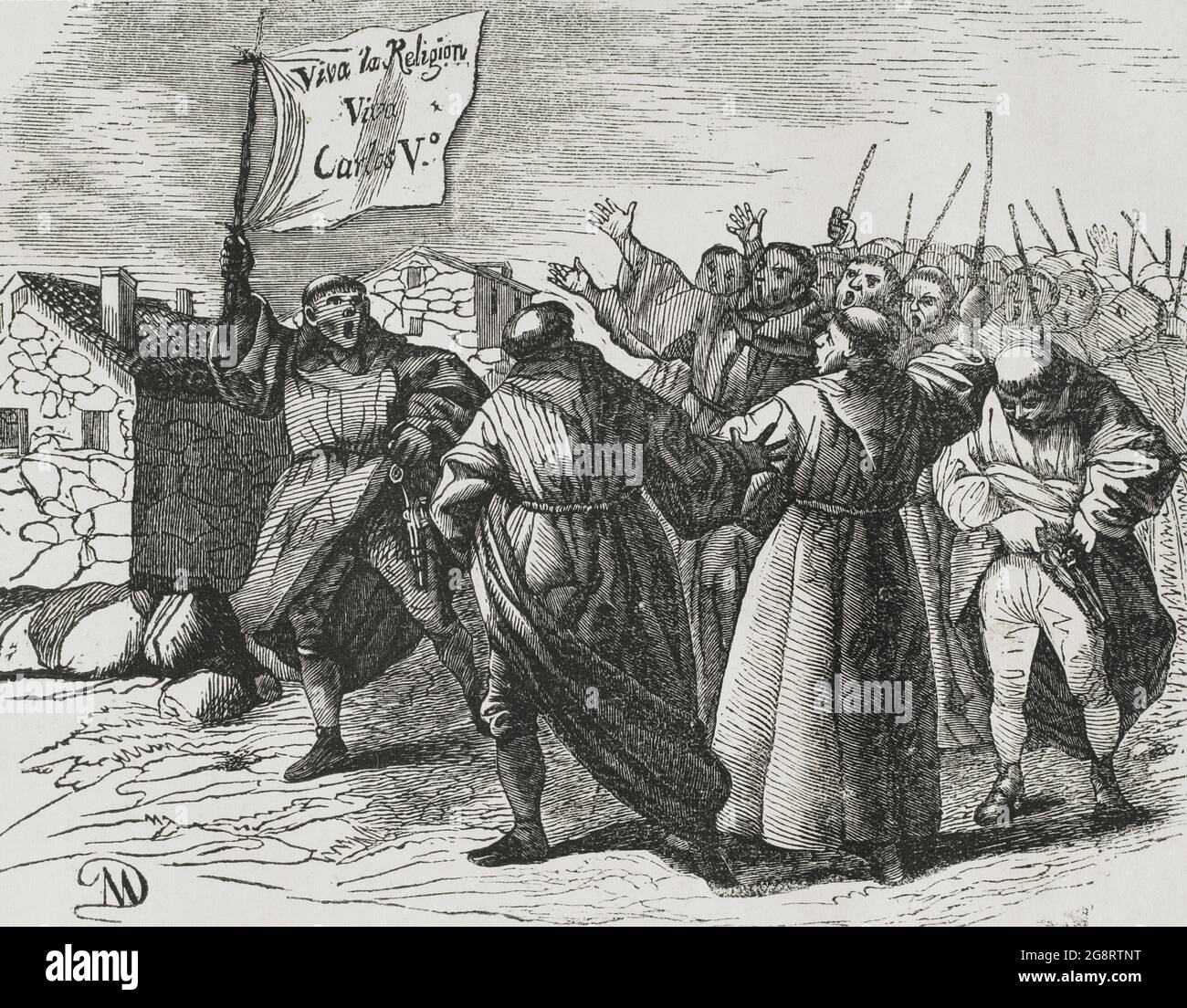 Spain. First Carlist War (1833-1840). Monastic uprising. Franciscan friars storm the streets of Salamanca, shouting in support of King Charles V (Don Carlos María Isidro de Borbón, the Carlist pretender to the Spanish throne), to provocate the supporters of Isabella II. Engraving. Panorama Español, Crónica Contemporánea. Madrid, 1842. Stock Photo