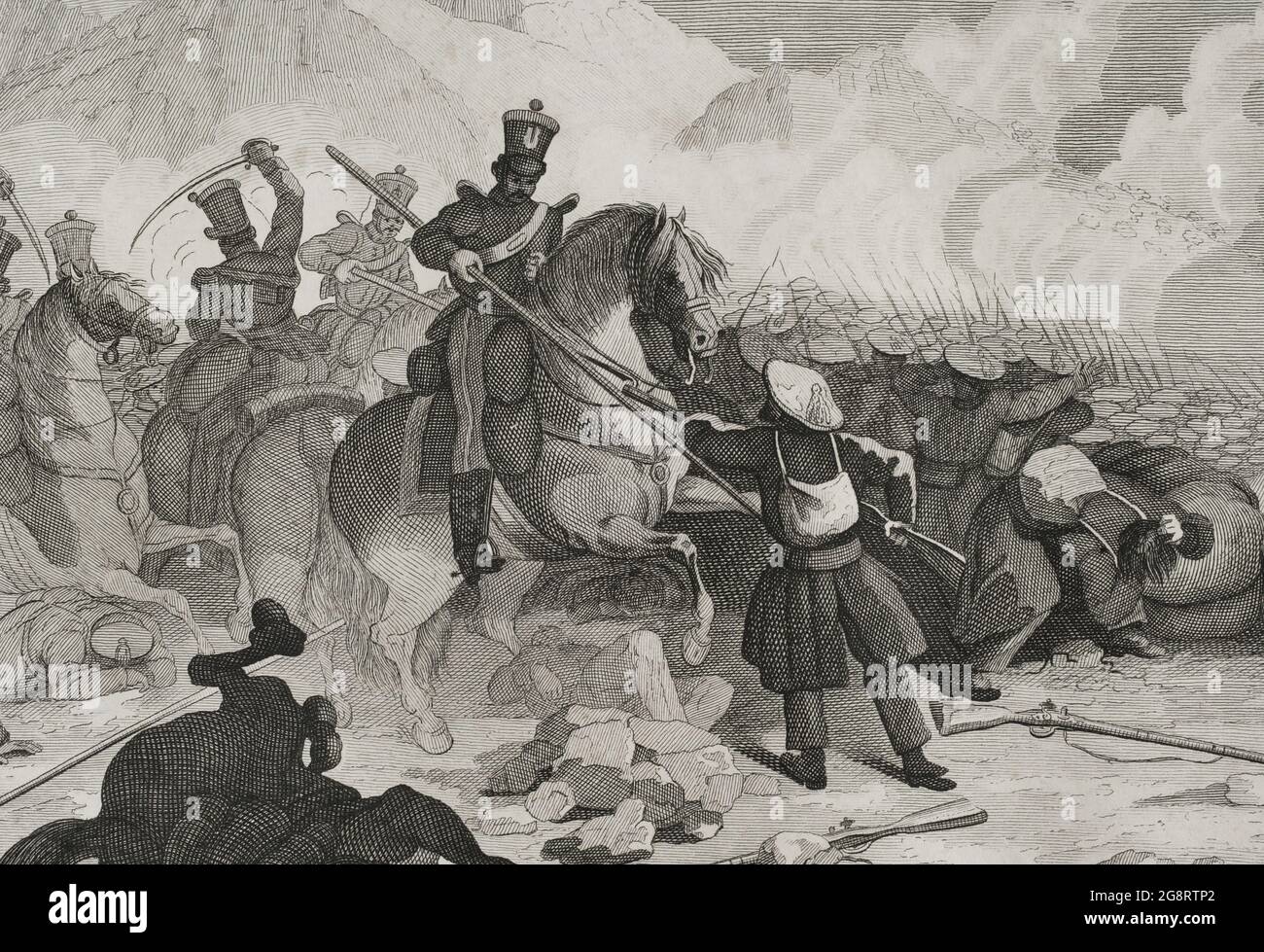 Spain. First Carlist War (1833-1840). Civil war that confronted Carlists, supporters of the Infante Carlos María Isidro de Borbón, against the Isabelinos (Elizabethans), defenders of Isabel II and the regent María Cristina de Borbón. Northern Front. Attack by Liberal troops on the road to Legazpia. Illustration by Manuel Miranda. Engraving by Pedro Celestino Maré. Detail. Panorama Español, Crónica Contemporánea. Madrid, 1842. Stock Photo