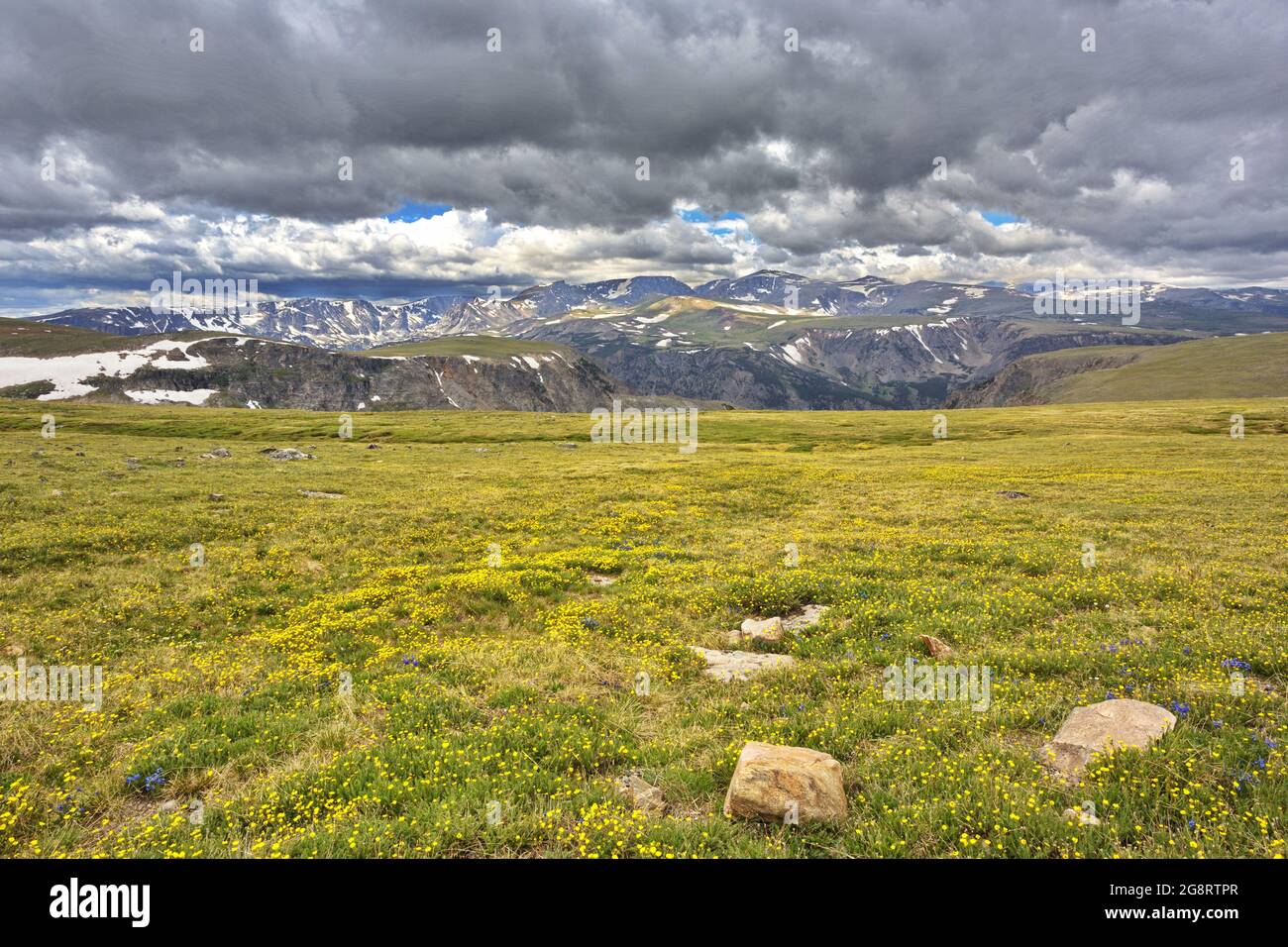 Absaroka Range of Rocky Mountains seen from Beartooth Highway, a National Scenic Byway northeast of Yellowstone National Park Stock Photo