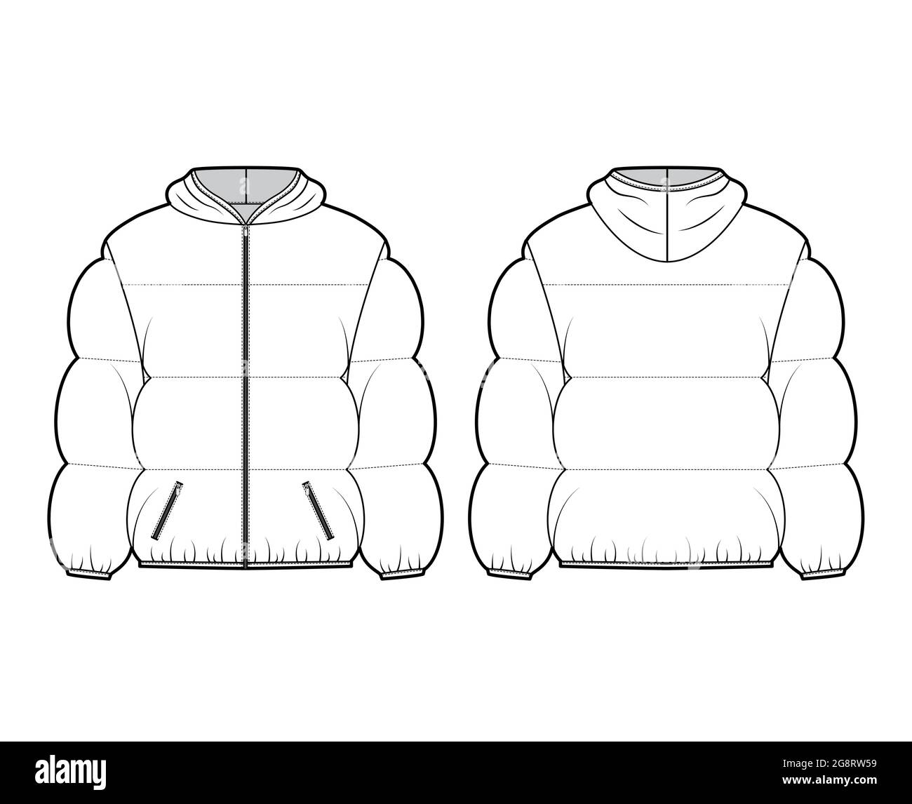 Hooded jacket Down puffer coat technical fashion illustration with long  sleeves, boxy fit, hip length, wide