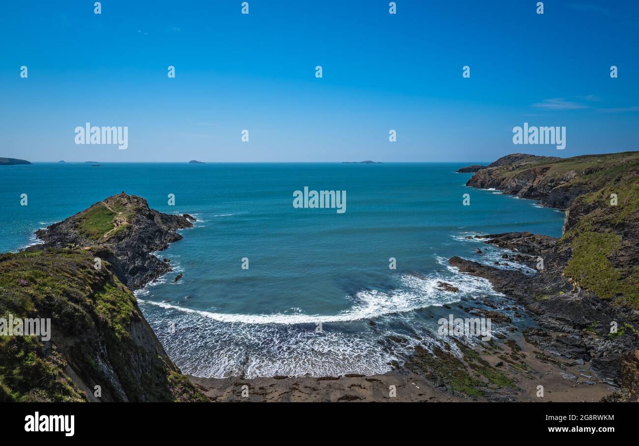 Extreme wide angle view of the Whitesands Bay beach and cliffs, Wales Stock Photo