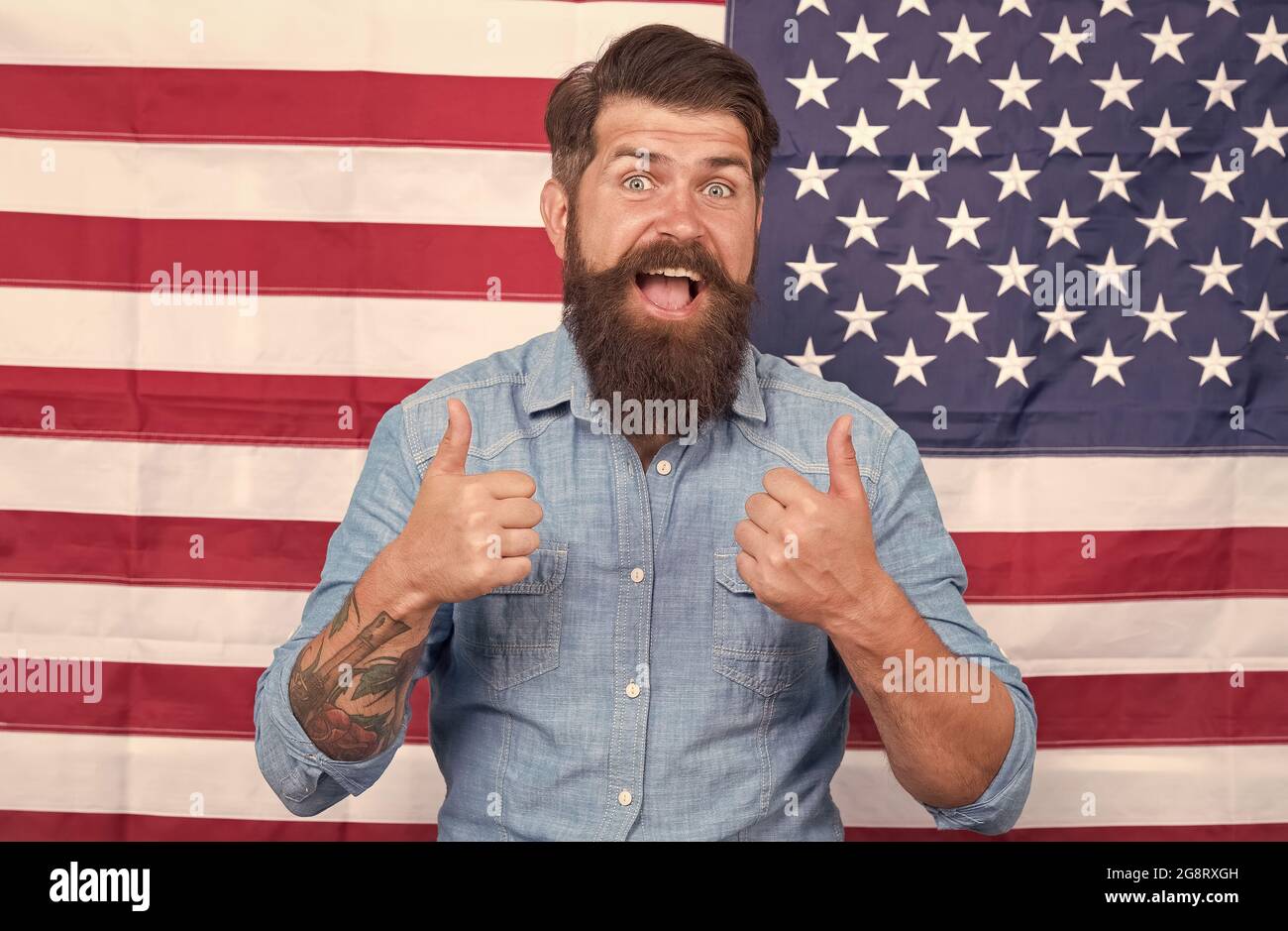 American man journalist reporter USA flag background, promoting ideas