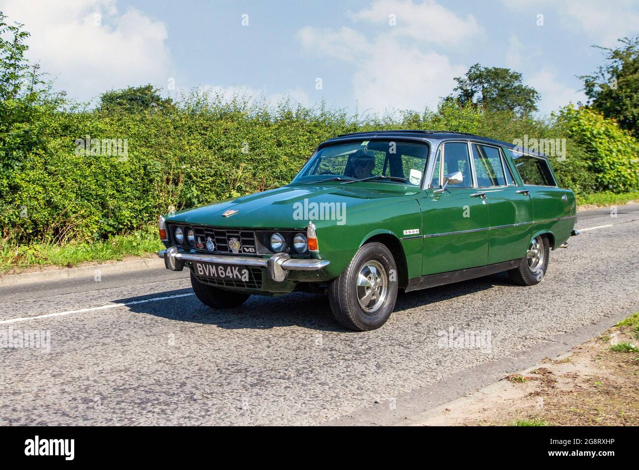 1972 70s modified green Rover V8 3500 4dr estate, en-route to Capesthorne Hall classic July car show, Cheshire, UK Stock Photo