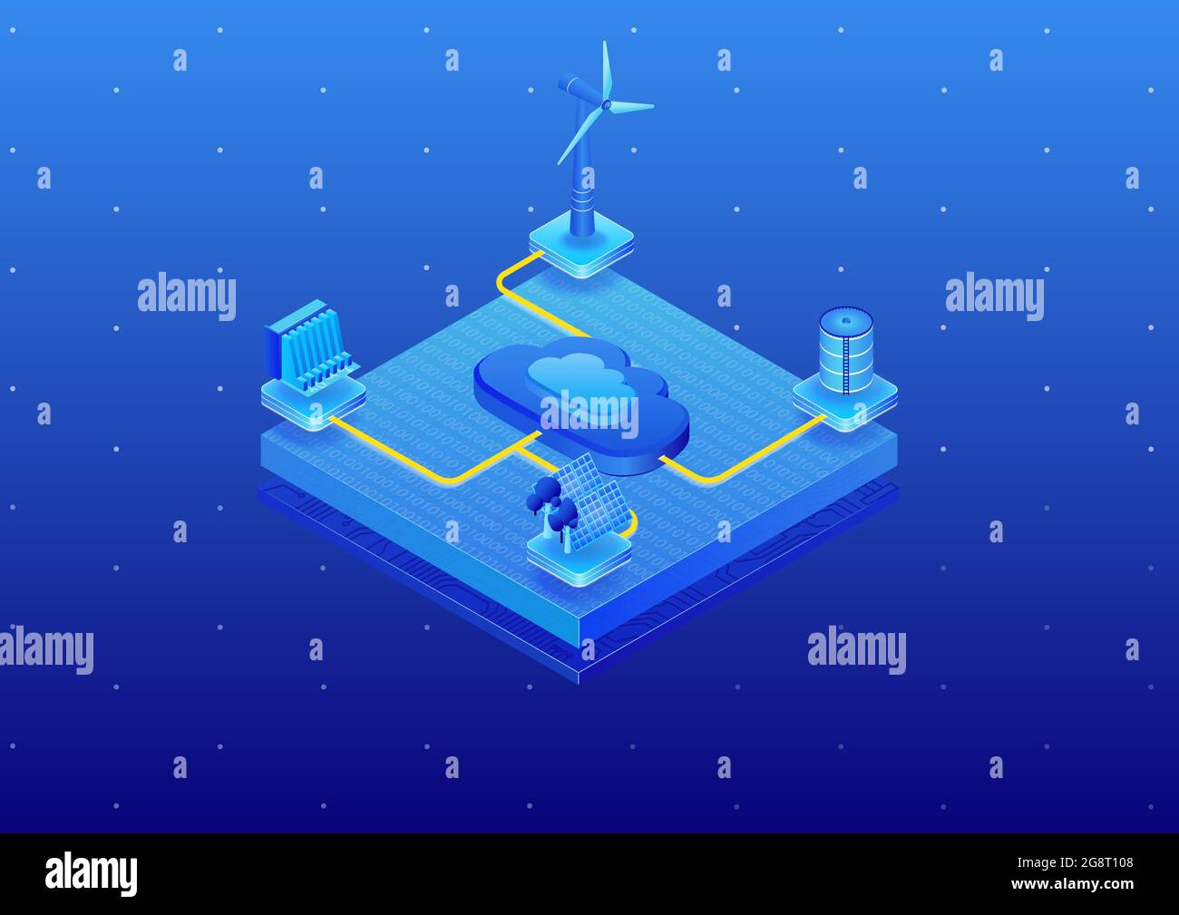 Cloud computing and sustainable energy concept. 3d isometric vector illustration. Cloud computing to support the generation of renewable energy source Stock Vector