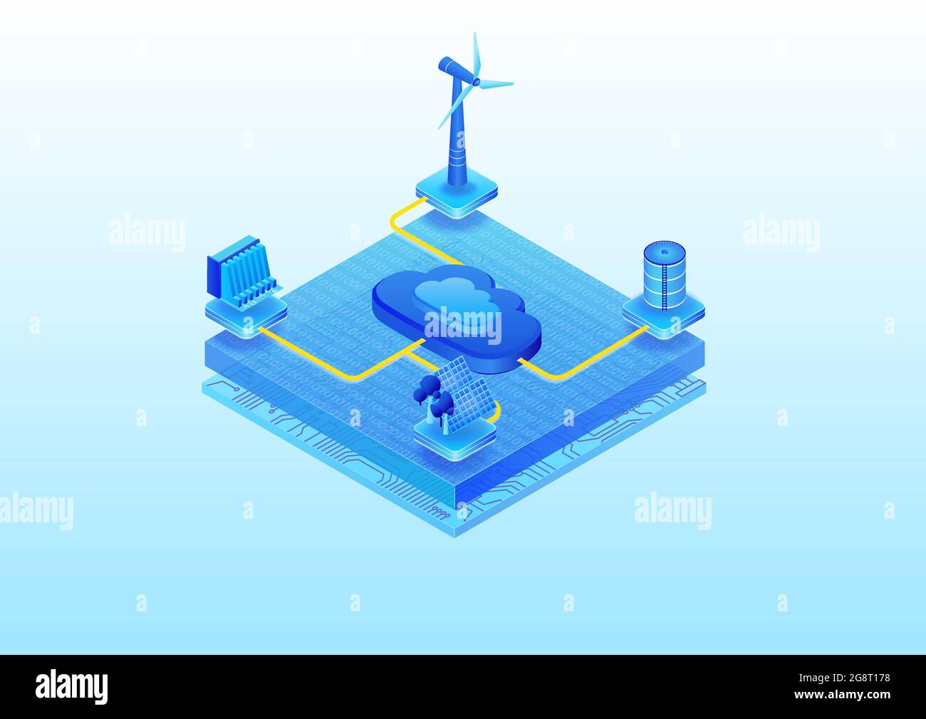 Cloud computing and sustainable energy concept. 3d isometric vector illustration. Cloud computing to support the generation of renewable energy source Stock Vector