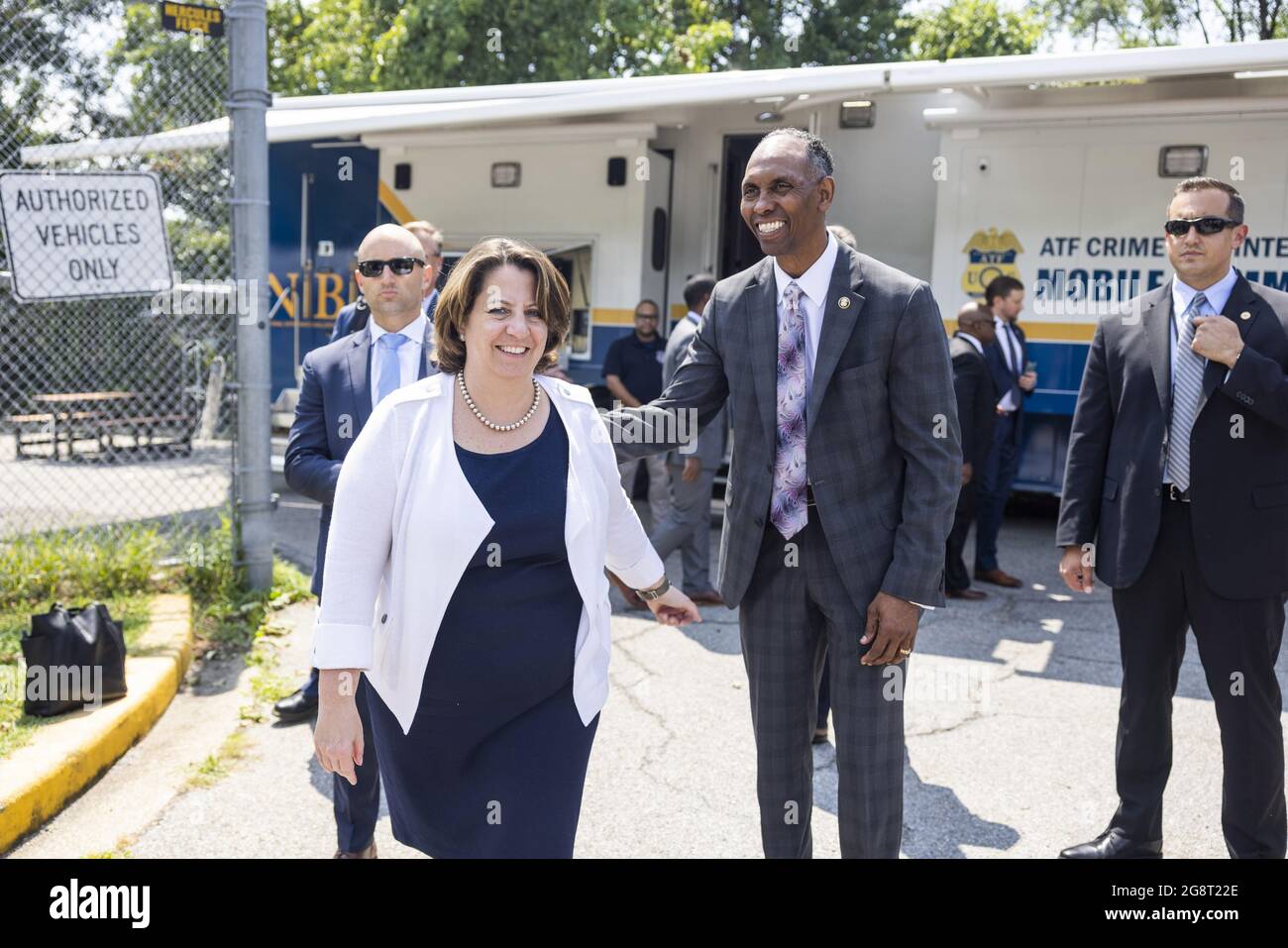 US Deputy Attorney General Lisa Monaco (L) and Acting Alcohol, Tobacco and Firearms (ATF) Director Marvin G. Richardson (C-R) depart after visiting an ATF crime gun intelligence mobile command center (MCC), which provides investigators with ballistic processing at crime scenes, in Washington, DC on July 22, 2021. The strike forces will seek to reduce firearms trafficking corridors, with a focus on New York, Chicago, Los Angeles, the San Francisco Bay and Sacramento Region, and Washington, DC. Pool Photo by Jim Lo Scalzo/UPI Stock Photo