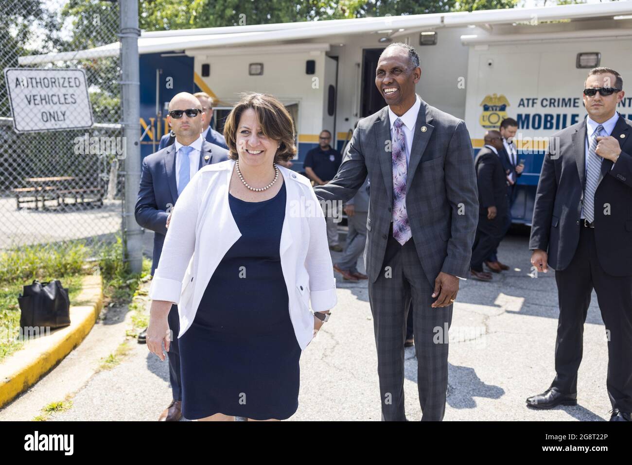 US Deputy Attorney General Lisa Monaco (L) and Acting Alcohol, Tobacco and Firearms (ATF) Director Marvin G. Richardson (C-R) depart after visiting an ATF crime gun intelligence mobile command center (MCC), which provides investigators with ballistic processing at crime scenes, in Washington, DC on July 22, 2021. The strike forces will seek to reduce firearms trafficking corridors, with a focus on New York, Chicago, Los Angeles, the San Francisco Bay and Sacramento Region, and Washington, DC. Pool Photo by Jim Lo Scalzo/UPI Stock Photo