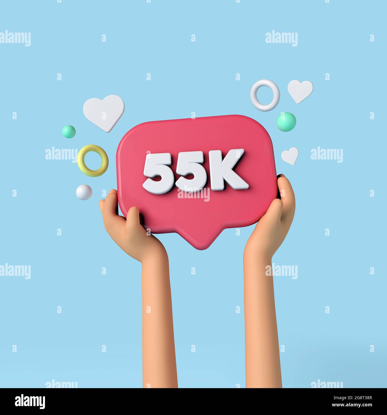 55k social media subscribers sign held by an influencer. 3D Rendering ...