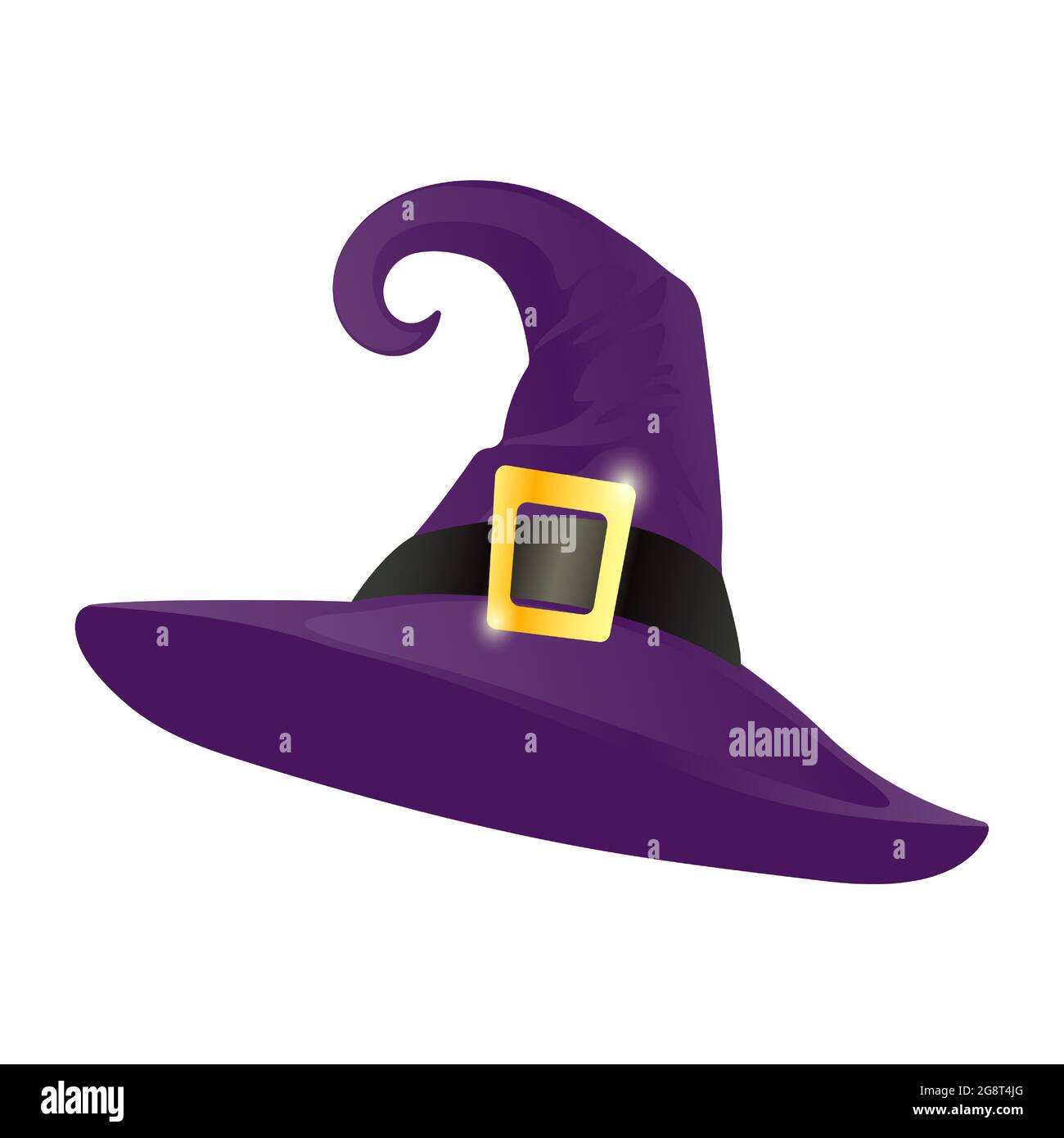 Purple pointed witch hat with gold buckle isolated on white background. Witch hat in cartoon