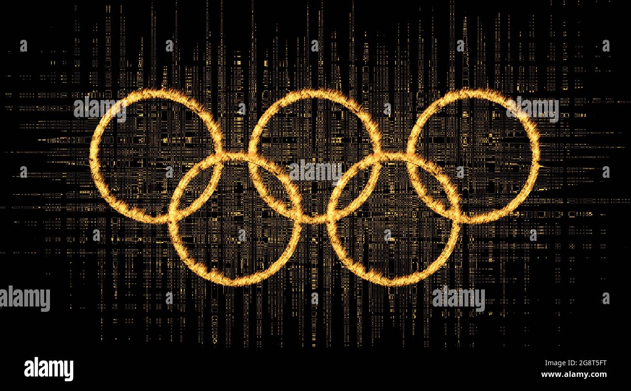 Golden Olympic Rings made by Fire Flames and Gold colors in Black Background with texture Glows. Olympics Sports Concept Creative Idea. Stock Photo