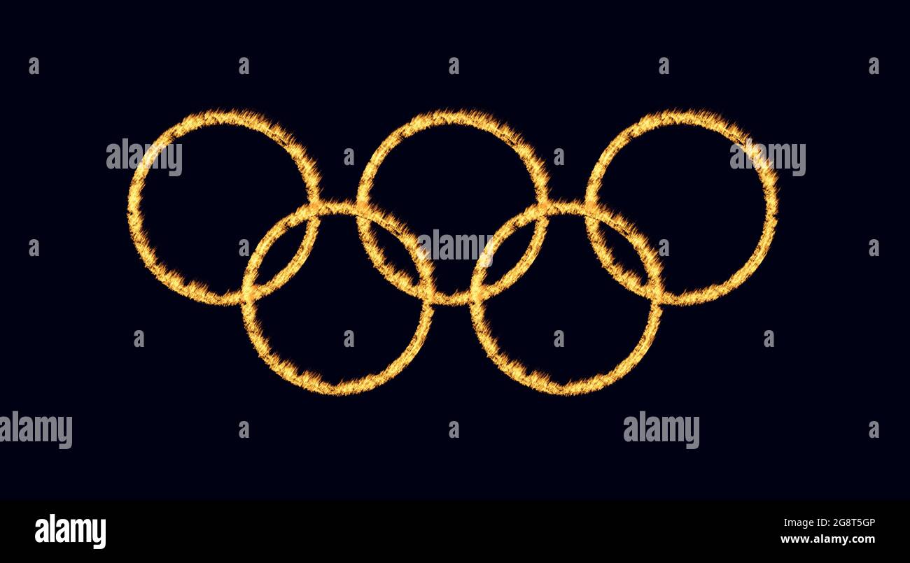 Olympic Rings made by Fire Flames on Dark navy Background. Olympics Sports Concept Creative Idea. Stock Photo