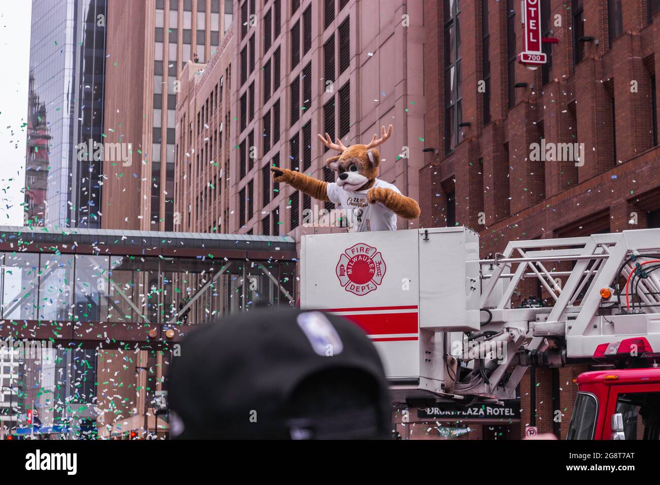 Bango the Buck Hyping up Fans at the Milwaukee Bucks Championship Parade Following the 2021 NBA Finals Stock Photo