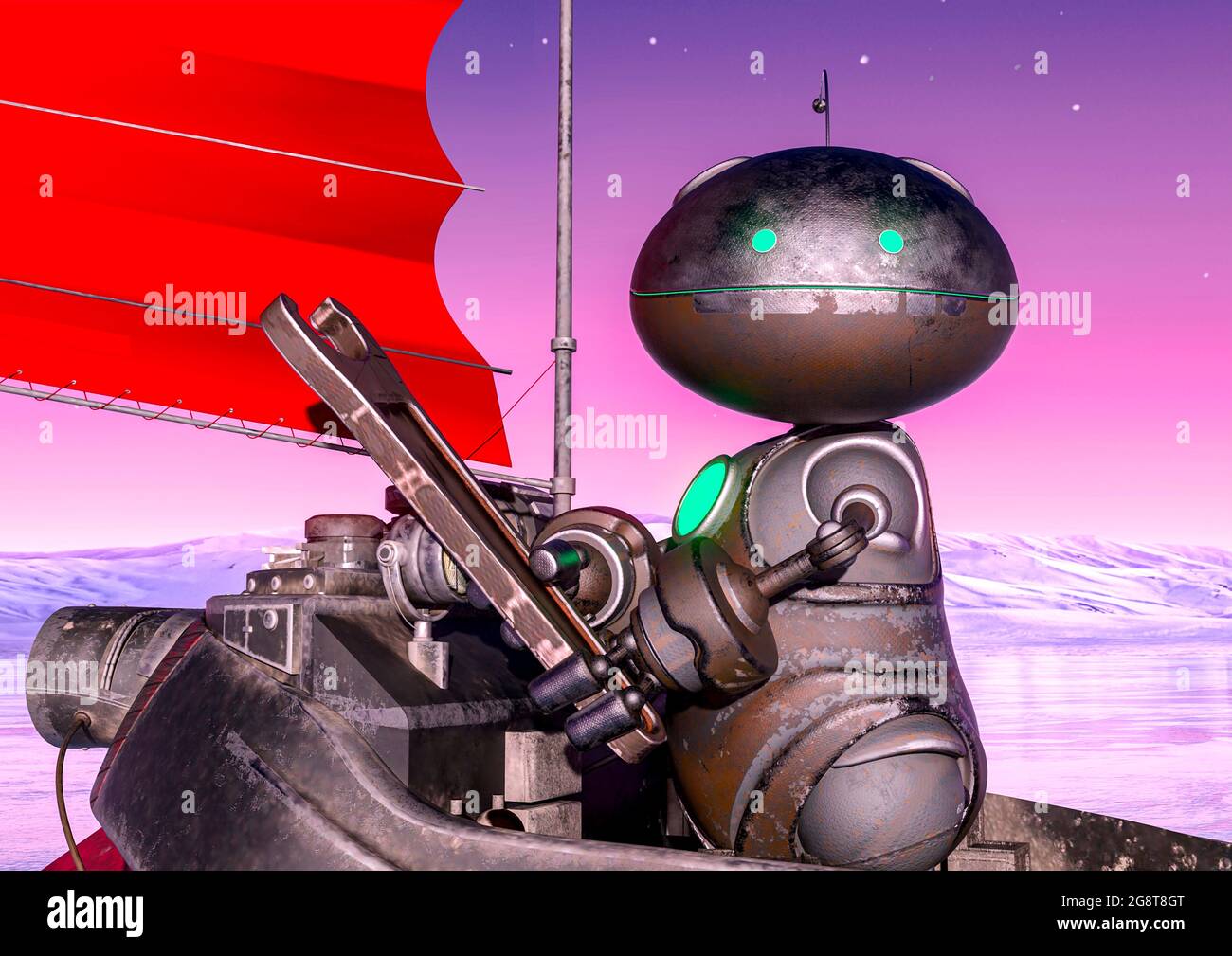 worker bot is seiling in a floating boat on another close up, 3d
