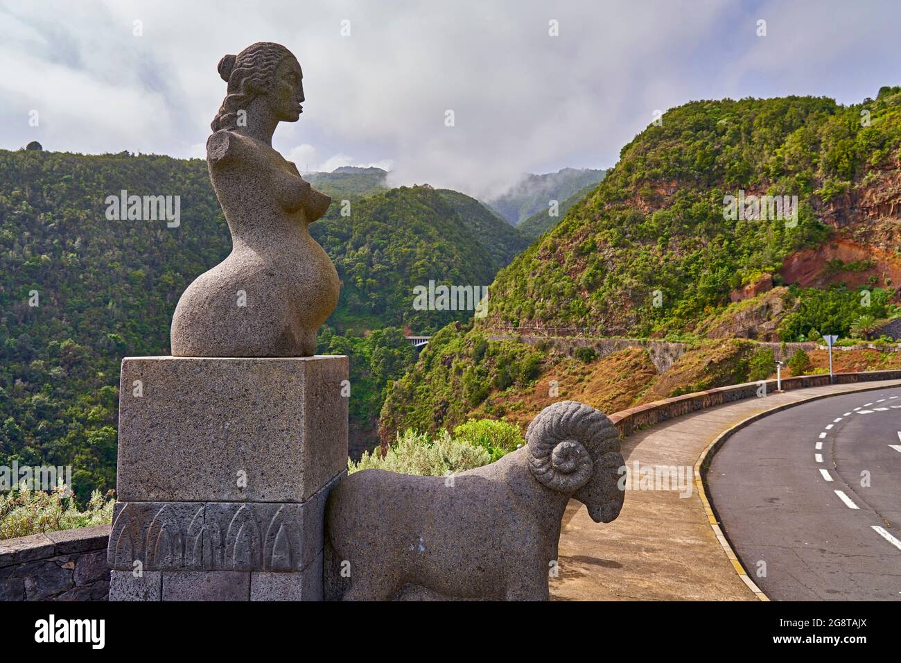 Statue 'Goddess Juno with ram' at the Mirador Jardin de Las Hesperides viewpoint, Spain, La Palma Stock Photo