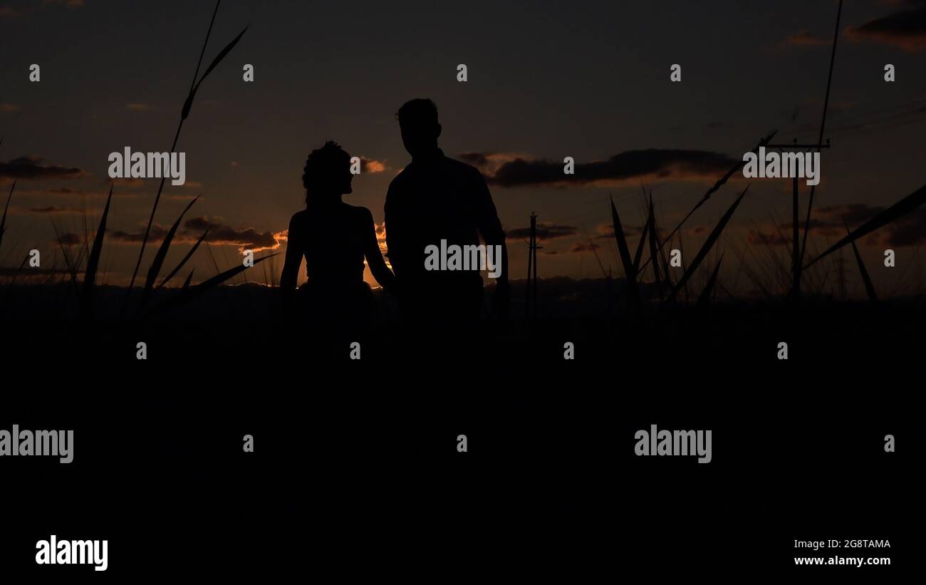 Silhouette of a bride and groom in a field at sunset. The clouds are illuminated in orange. Stock Photo