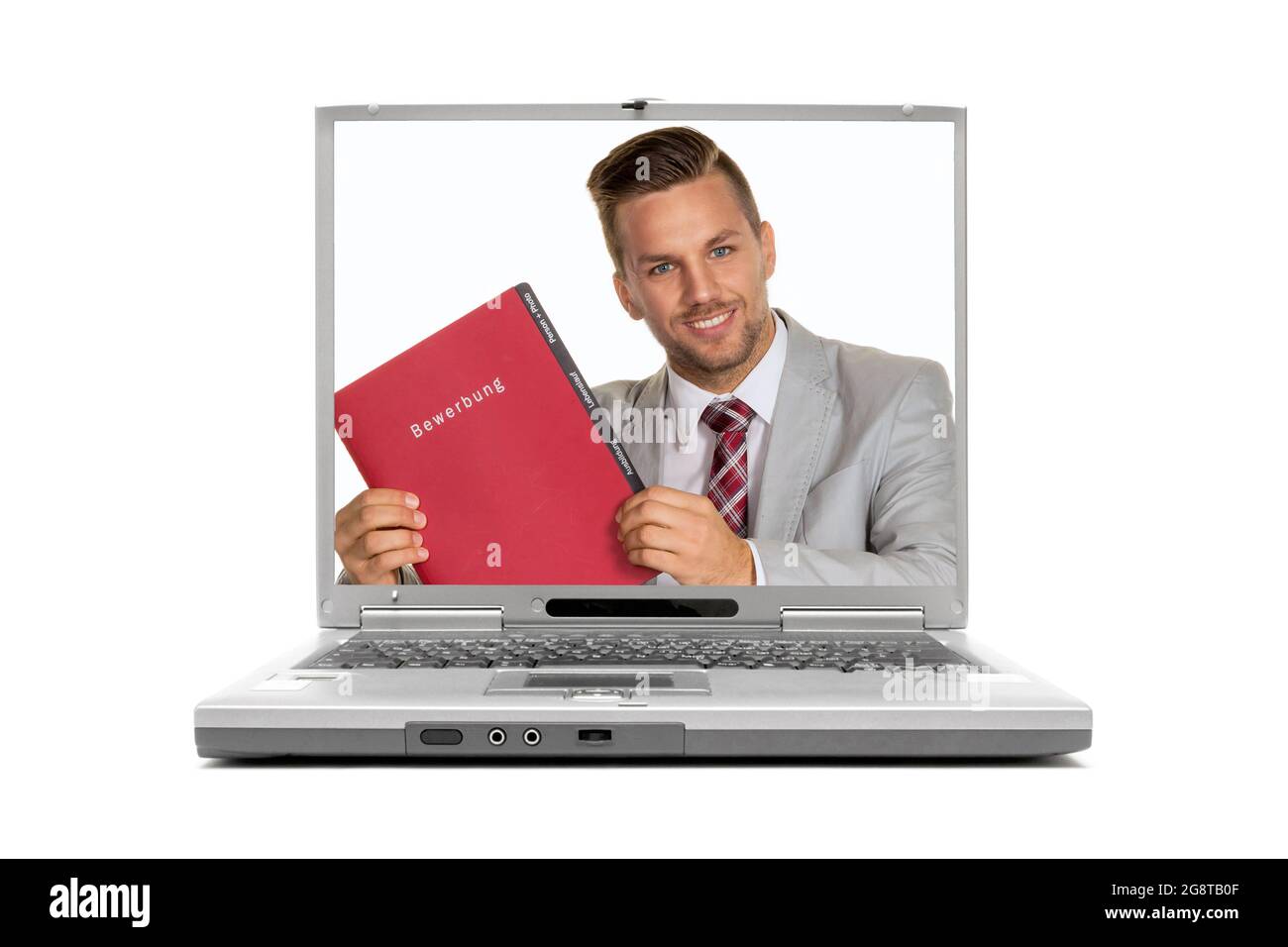 man with application documents on the display of a laptop computer Stock Photo