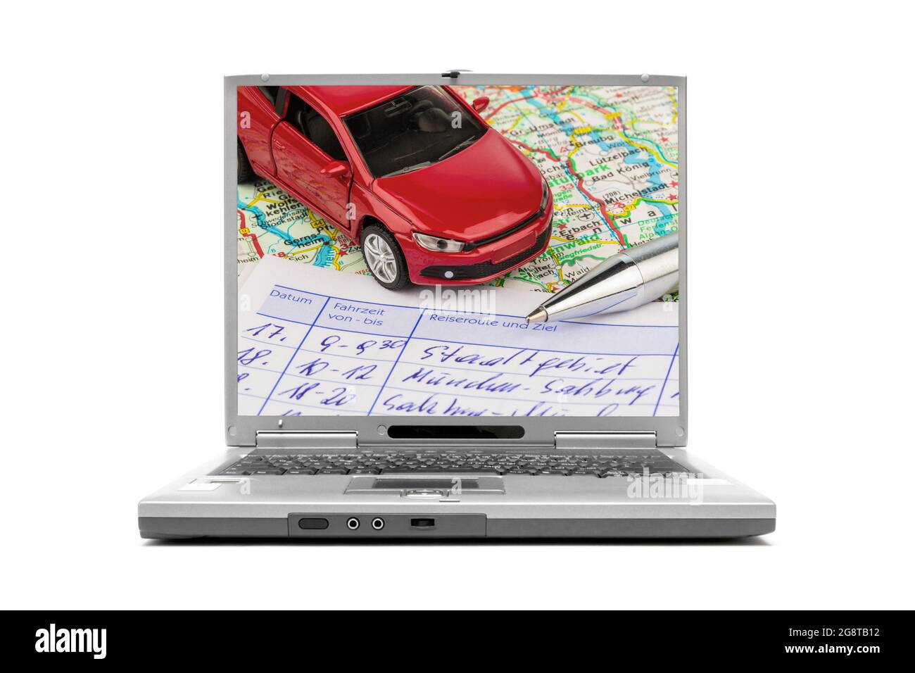 Car, road map and logbook on a laptop display Stock Photo