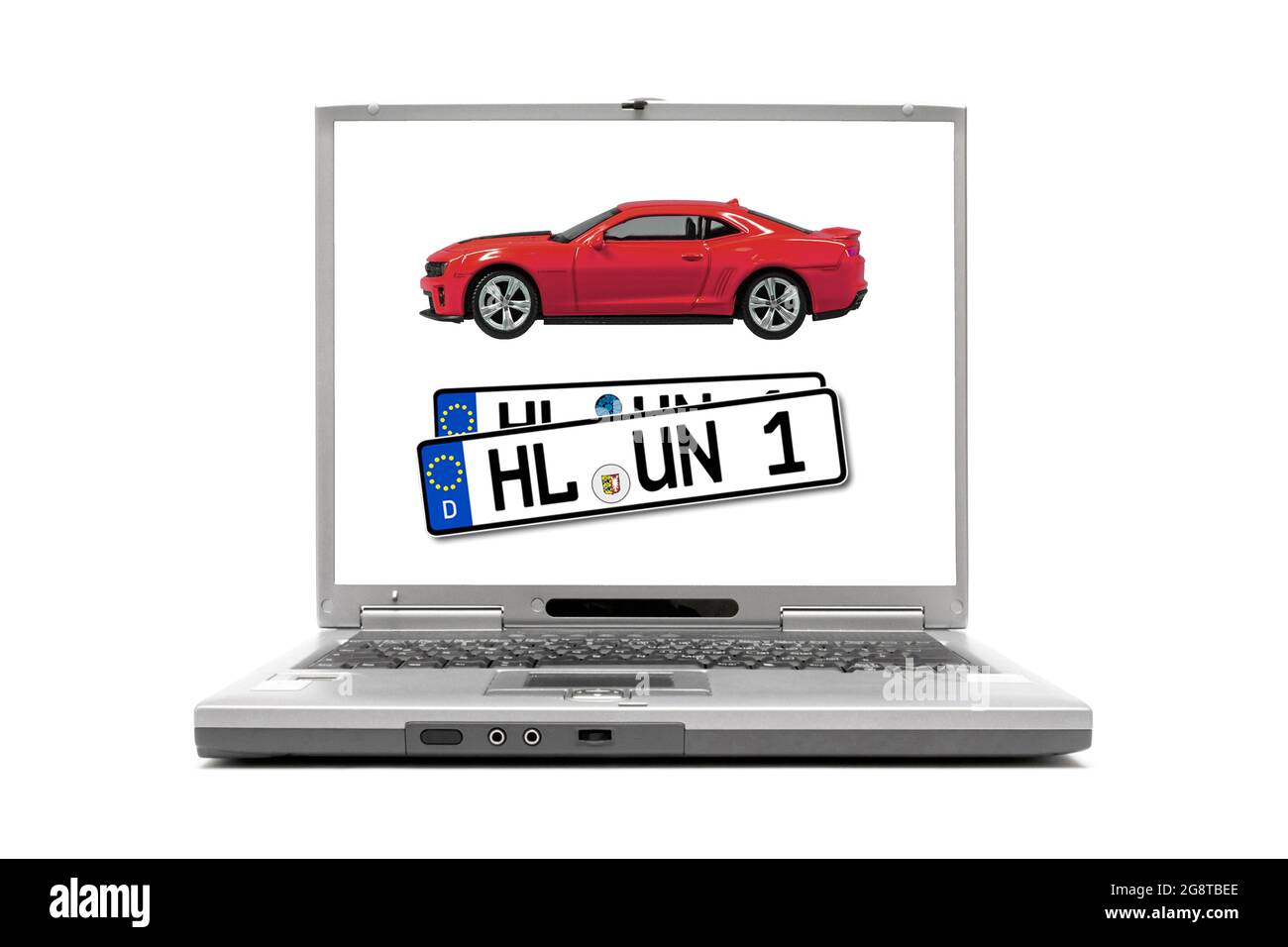image 'Car and number plates' on the display of a laptop, online car registration Stock Photo