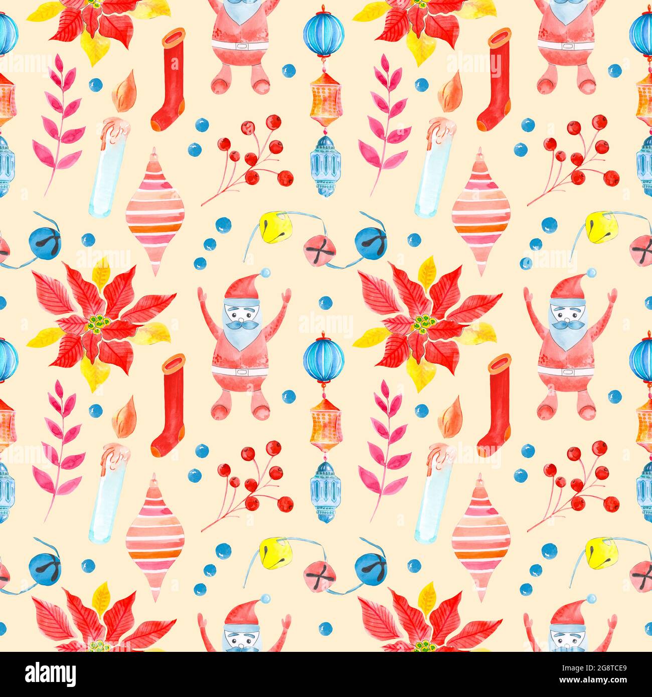 Seamless raster watercolor pattern of Christmas and New Year symbols ...