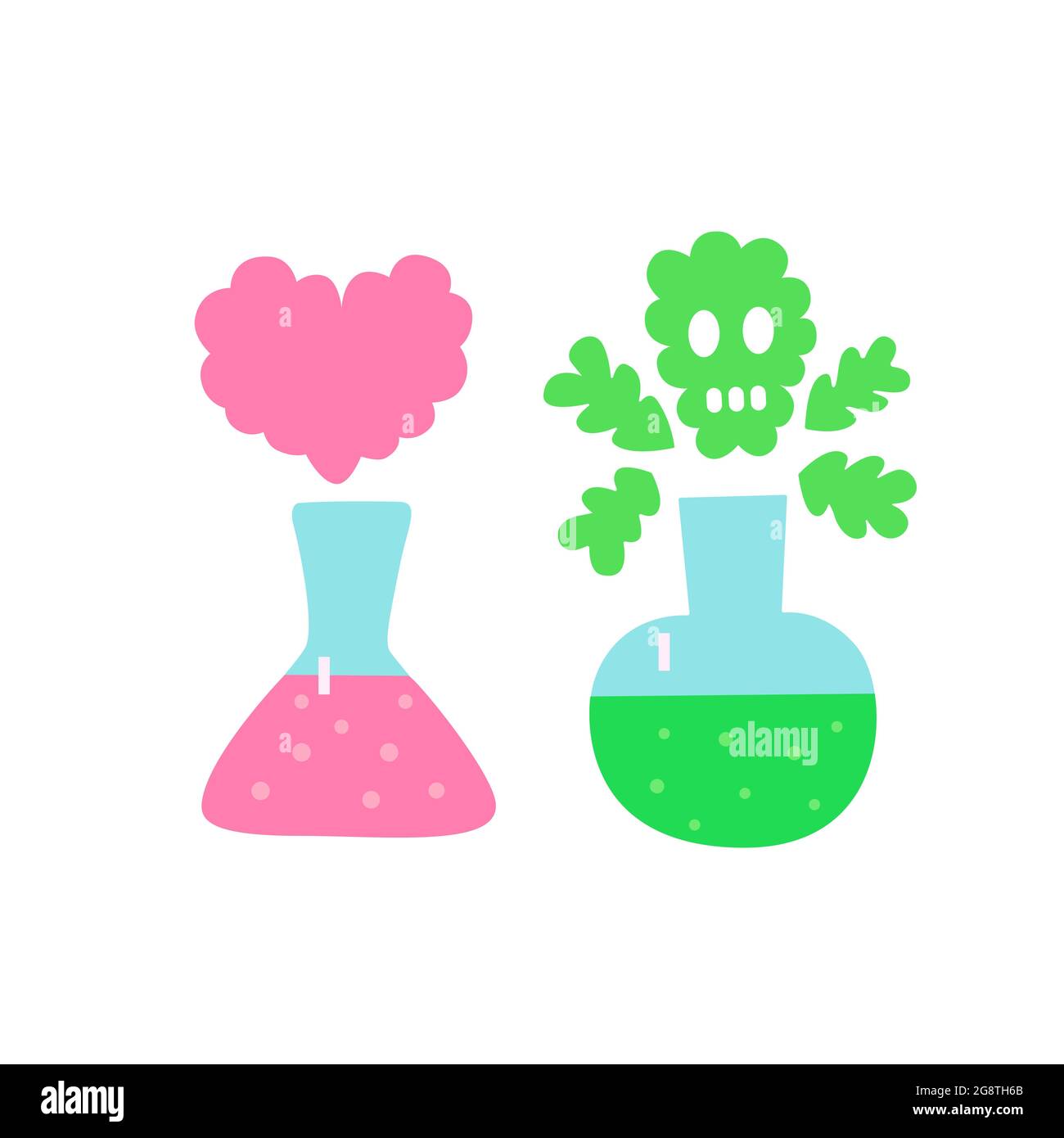 Two flasks, pink with heart-shaped smoke and green with skull-shaped smoke Conceptual illustration about death and love. Stock Vector