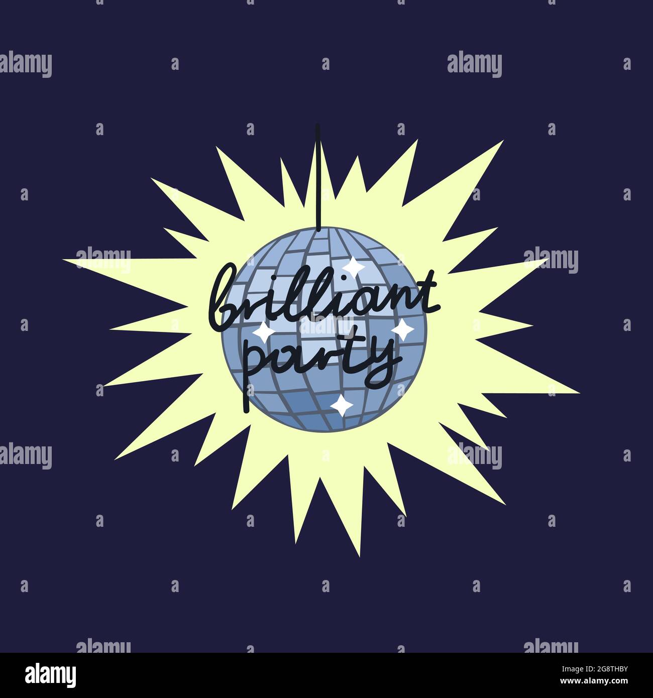 Mirror disco ball on dark background with quote Brilliant party Stock Vector