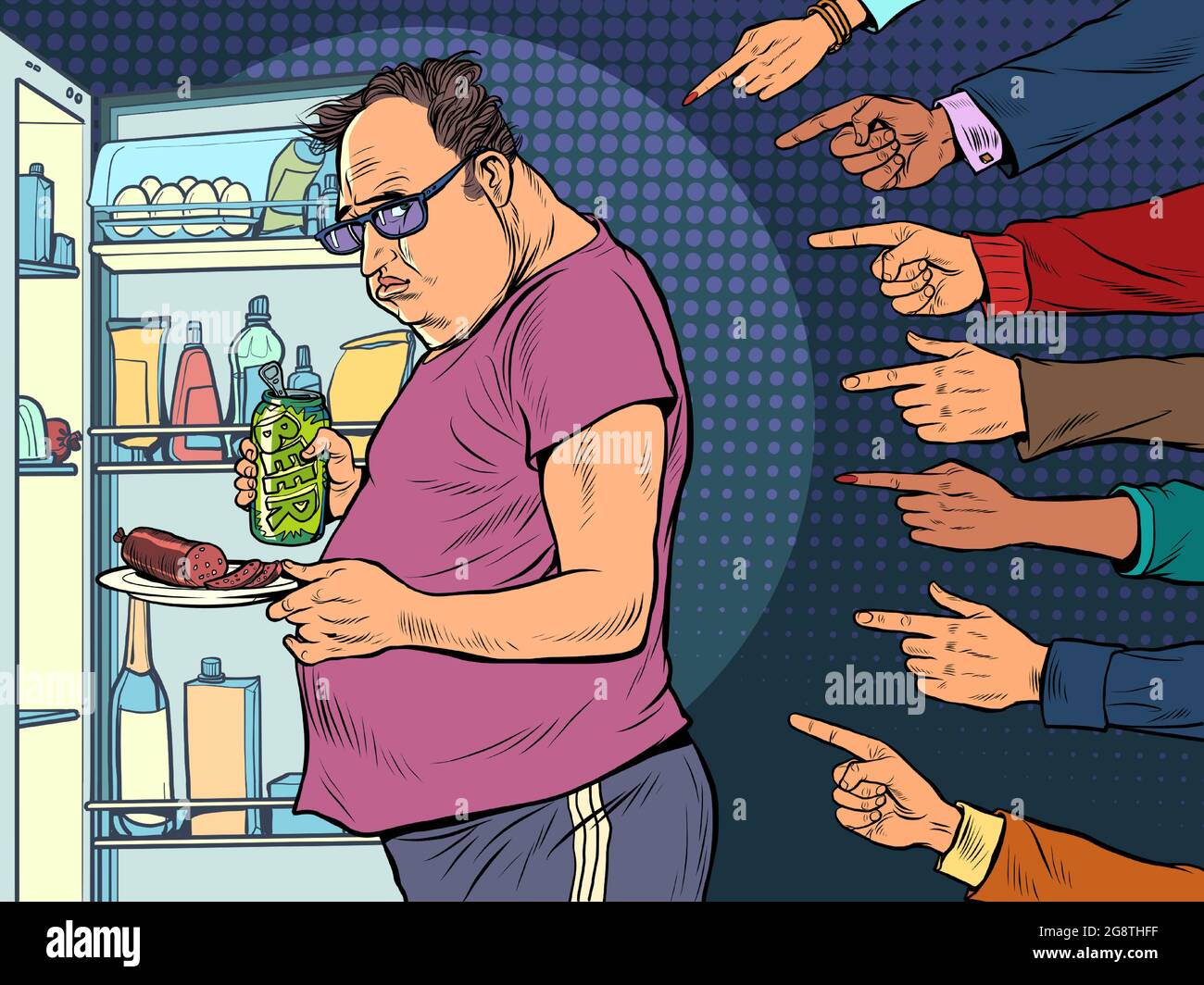Fat man at the refrigerator. Others condemn a person for his dependence on food. Shame Stock Vector