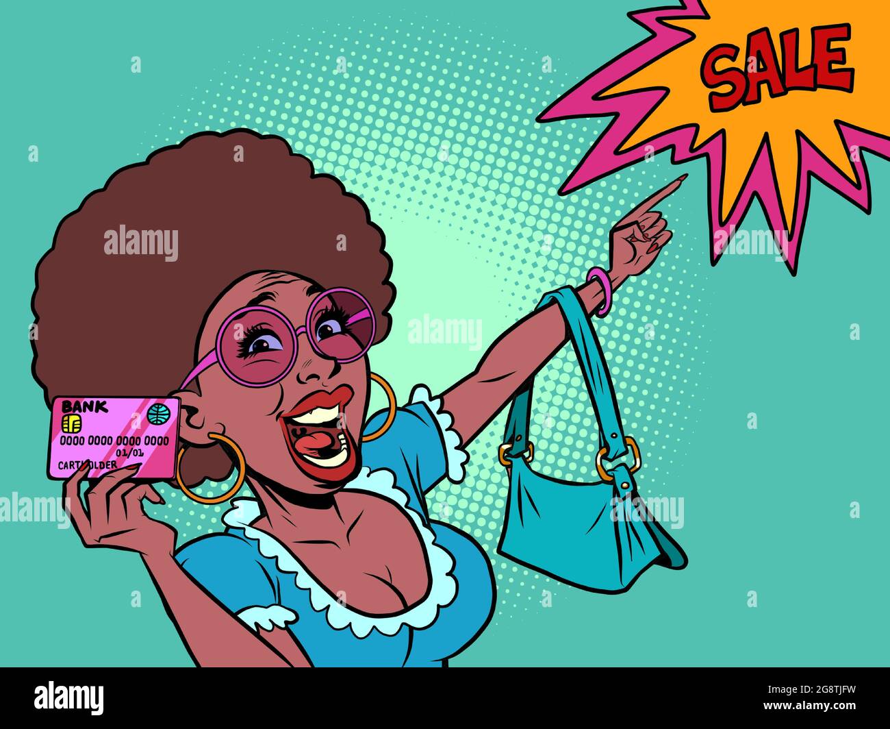 african woman with a credit card shouts discount sale. The buyer points with his hand Stock Vector