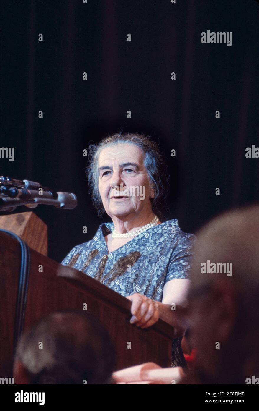 Israeli Prime Minister Golda Meir speaking at United Jewish Appeal (U.J.A.) Dinner, New York City, New York, USA, Bernard Gotfryd, 1973 Stock Photo