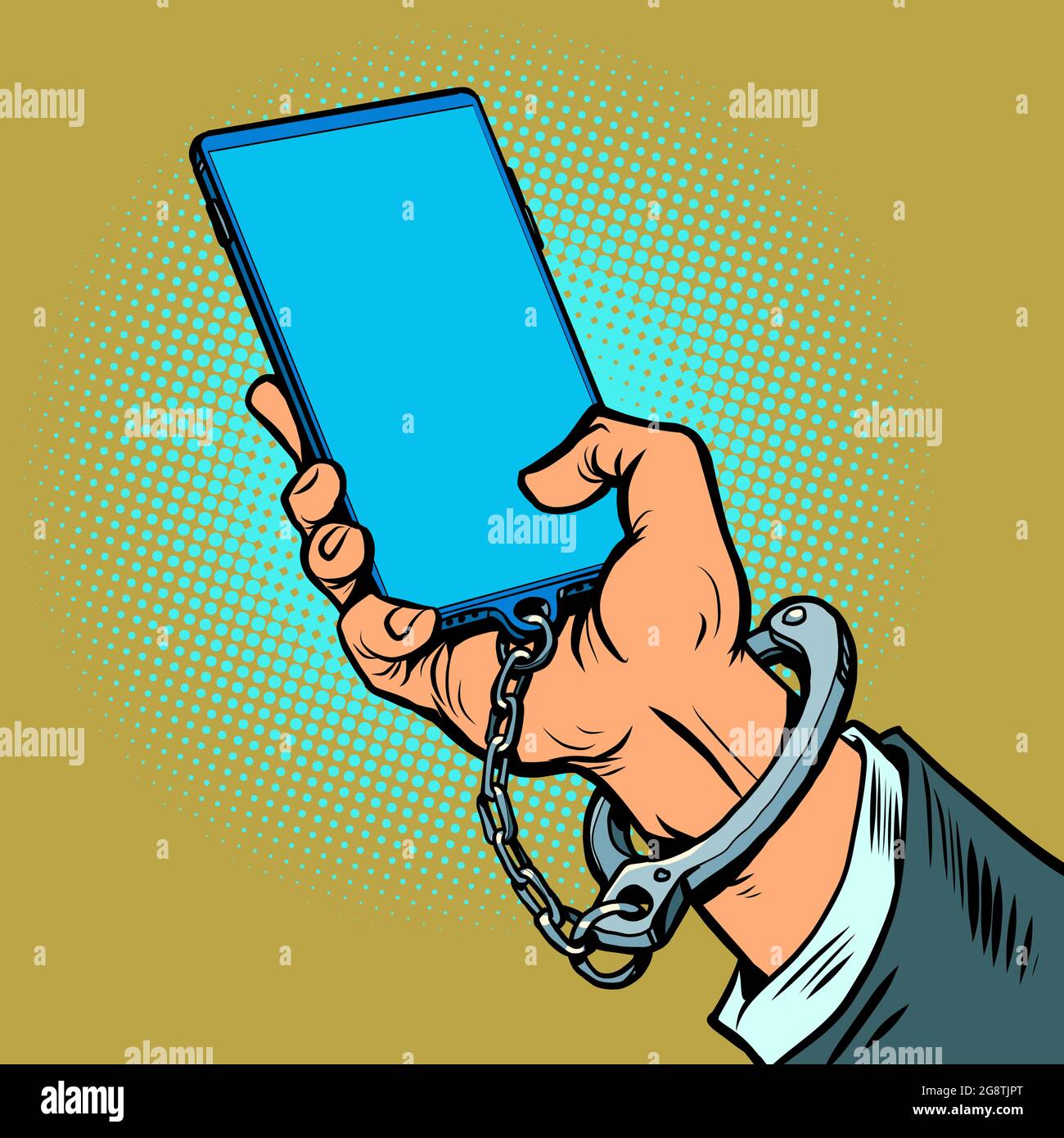 smartphone addiction. The man hand is chained to the phone. Gadgets internet online social networks Stock Vector