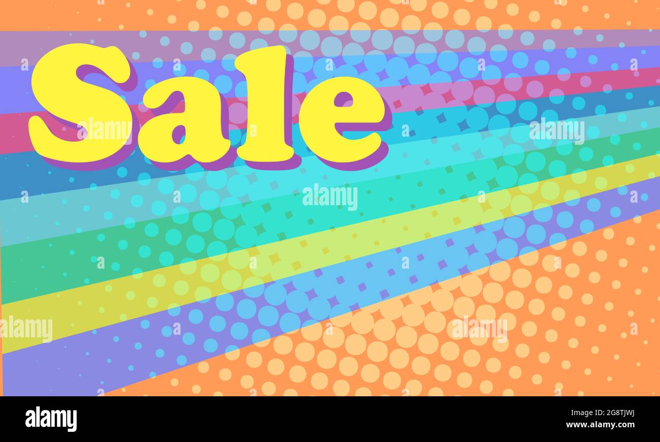 Sale 80s retro background. Bright multicolored stripes and an inscription about discounts Stock Vector