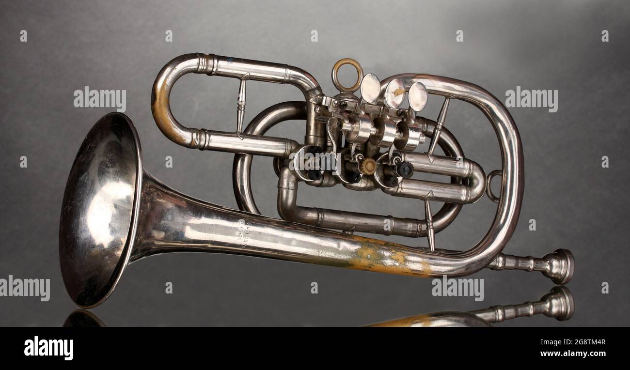 old trumpet on gray background Stock Photo - Alamy