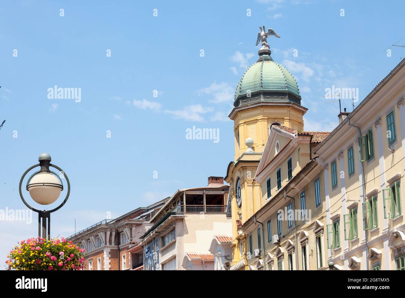 Picture of the baroque city tower, or gradski toranj, in the city center of Rijeka, Croatia, one of the landmarks of Korzo, the main streets of Rijeka Stock Photo