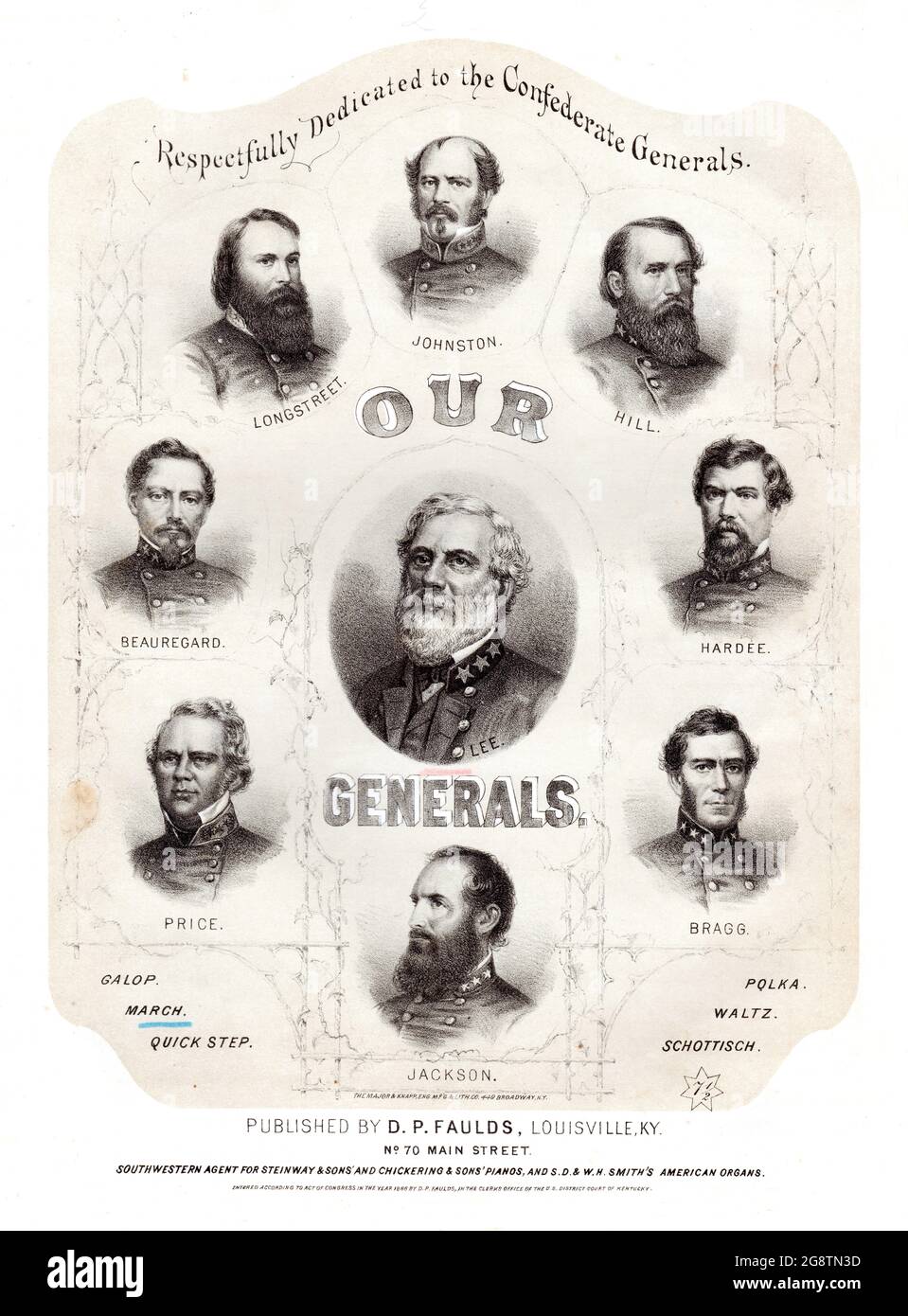 Our Generals March, 1866 Civil War portrait sheet music. Confederate Generals: Robert E Lee, Johnston, Longstreet, Bragg, Stomewall Jackson, Beauregad Stock Photo