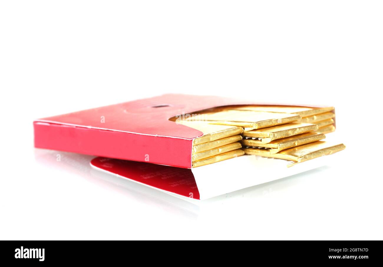 single chewing gum wrapped in standard red packaging isolated on white