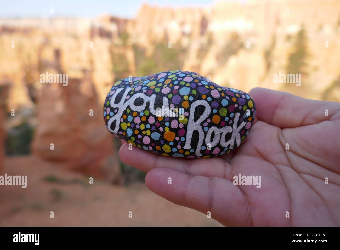 Kindness rock with painted you rock message held up on hand with Grand Canyon out of focus in background Stock Photo
