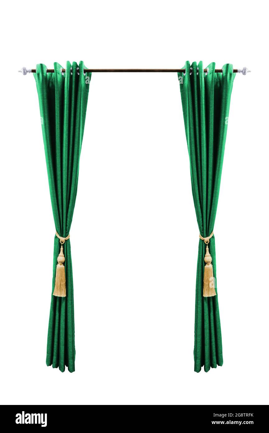 Green curtain with golden luxury tassels isolated on white Stock Photo
