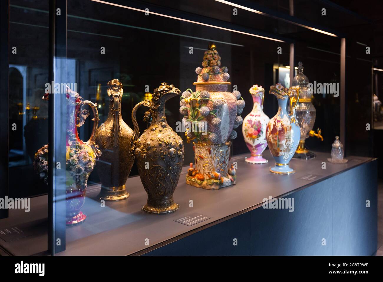 Porcelain and metal jugs, vases exhibited in Topkapi Palace kitchens, Istanbul, Turkey Stock Photo