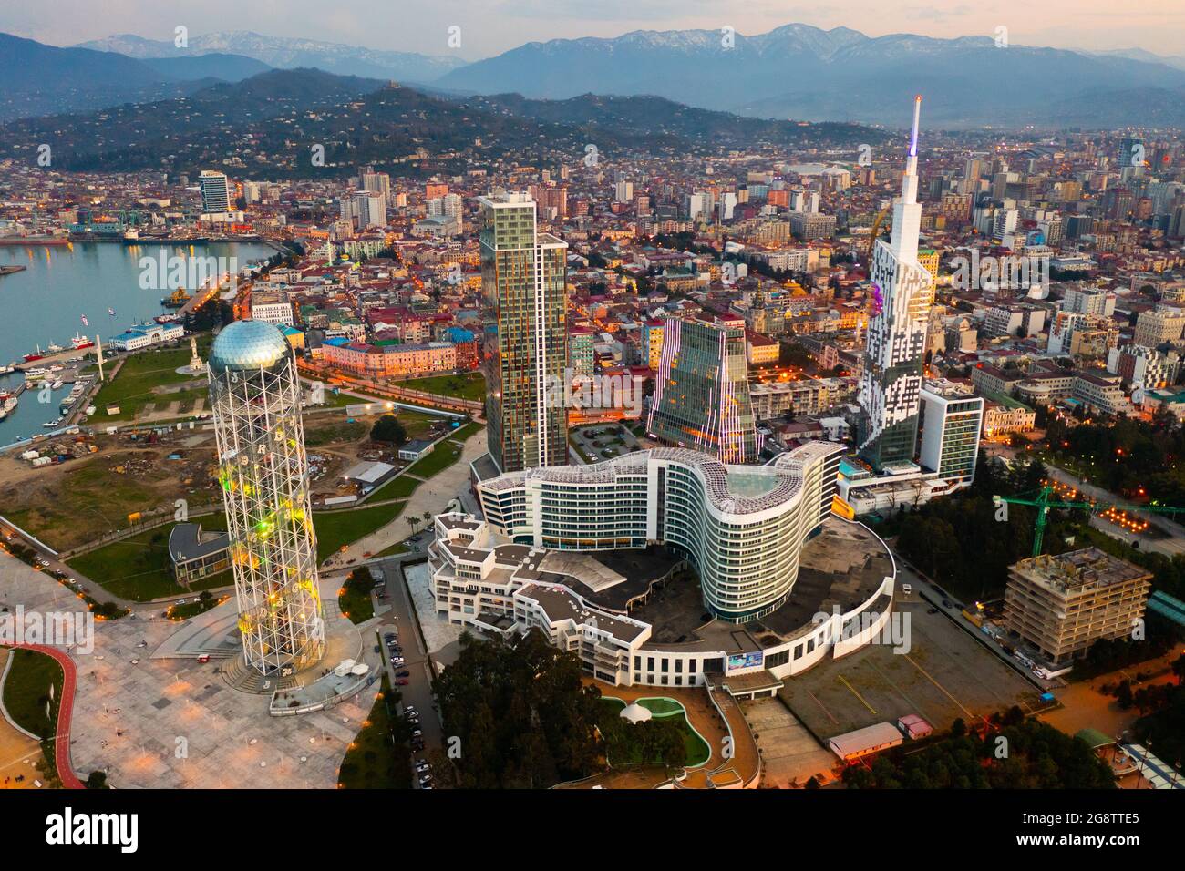 Evening aerial view of Batumi cityscape on Black sea coast Stock Photo ...