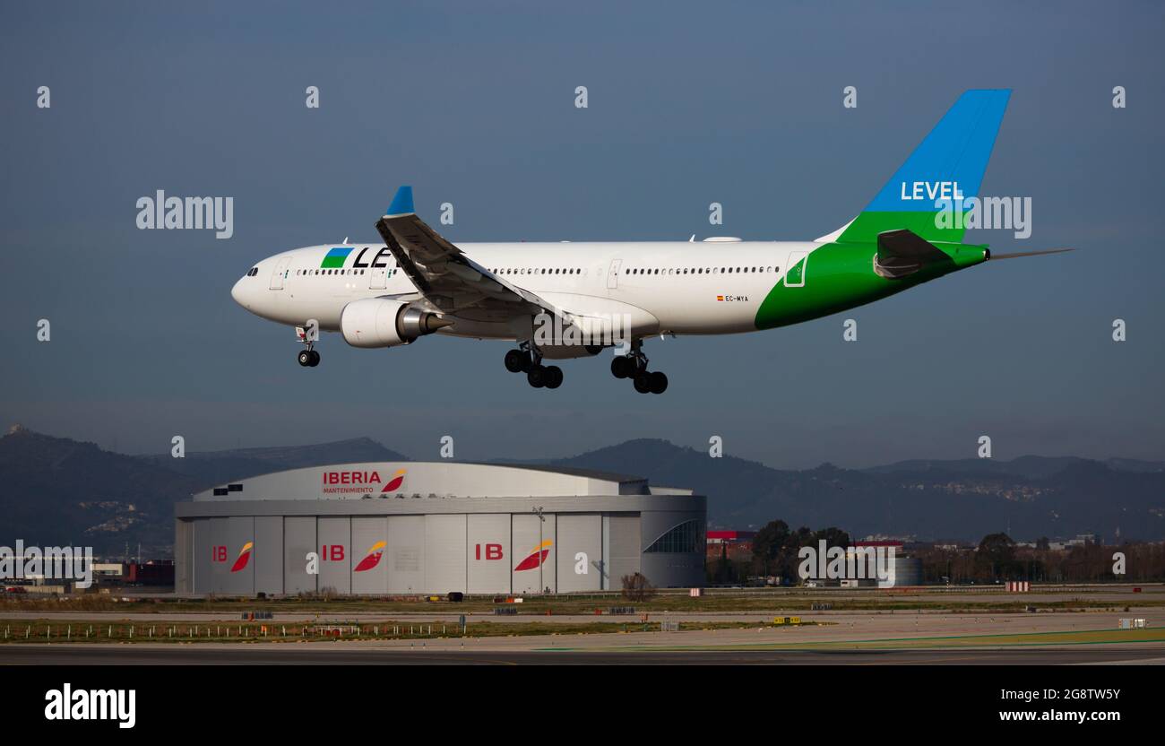 LEVEL Airbus landing in El Prat Airport Stock Photo