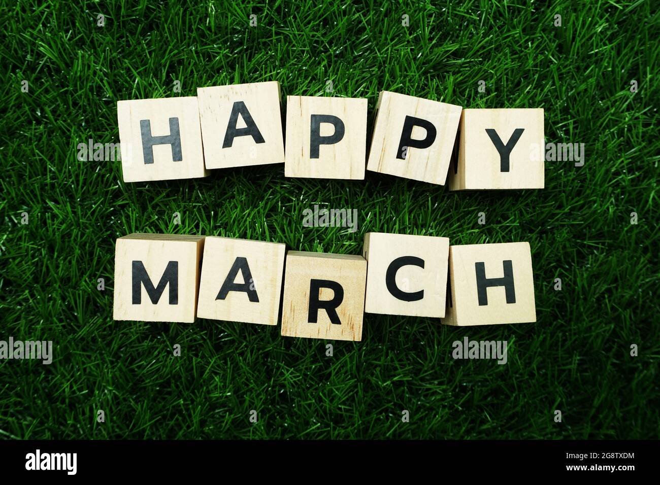 Happy March alphabet letters flat lay on green grass background Stock ...