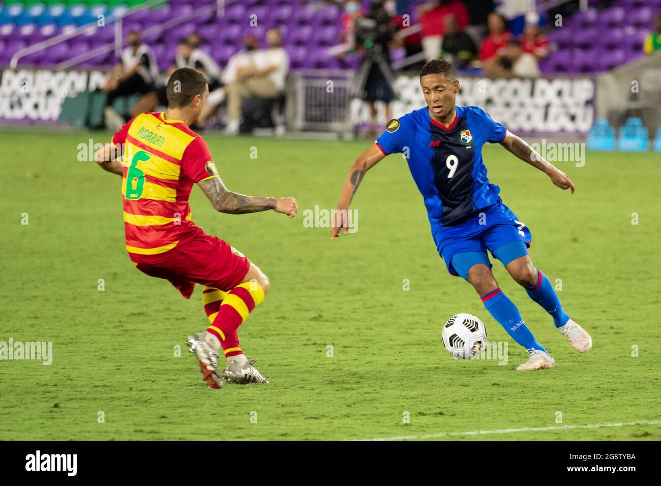 Orlando, United States. 21st July, 2021. Gabriel Torres (9 Panama) maintains the ball in possession at the top of the box during the CONCACAF Gold Cup game between Panama and Grenada at Exploria Stadium in Orlando, Florida. NO COMMERCIAL USAGE. Credit: SPP Sport Press Photo. /Alamy Live News Stock Photo