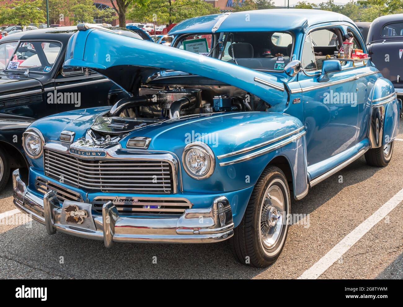 A blue 1946 Mercury Coupe Streetrod on display at a car show in Homestead, Pennsylvania, USA Stock Photo