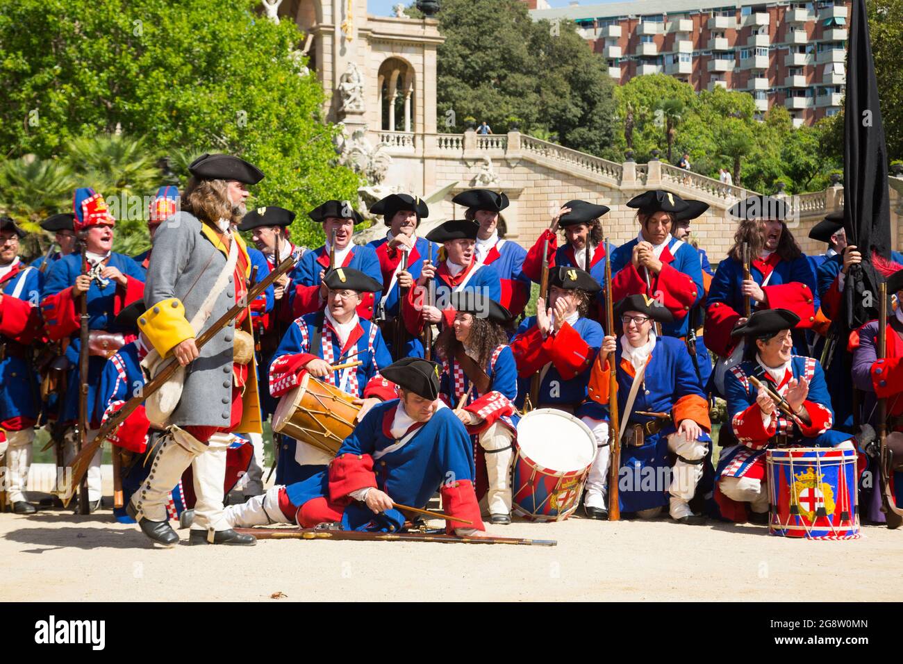 Group of people dressed as trabucaires on National Day of Catalonia Stock Photo