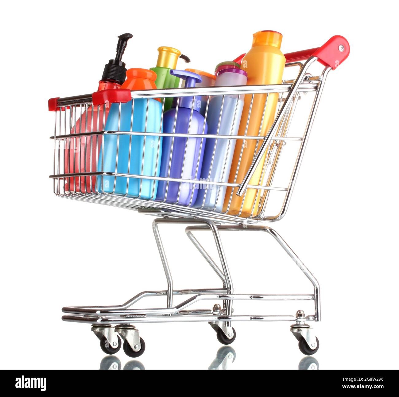 shopping cart with detergent bottles isolated on white Stock Photo - Alamy