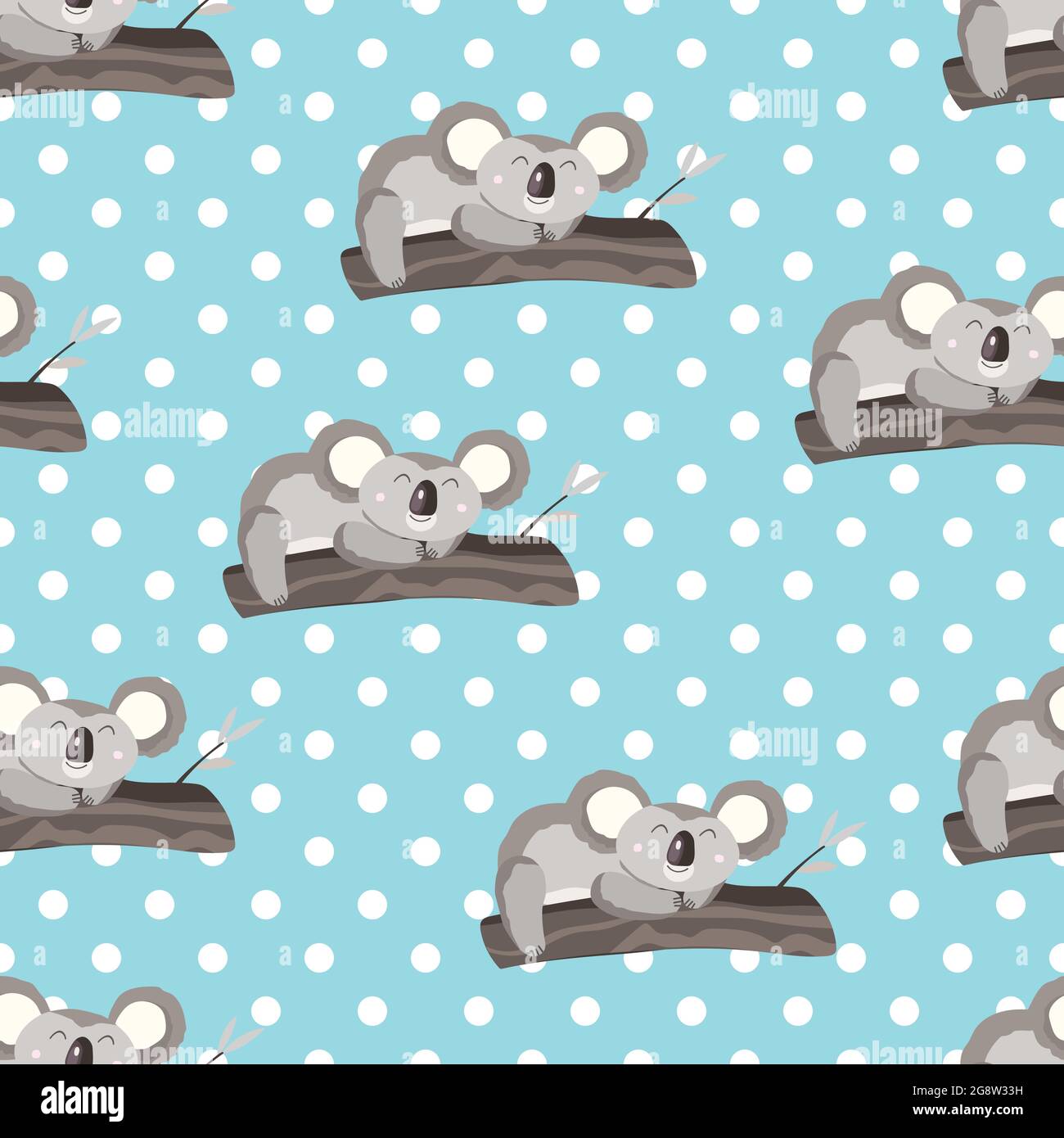 Seamless pattern with cute koala baby and flowers on color polka dots ...